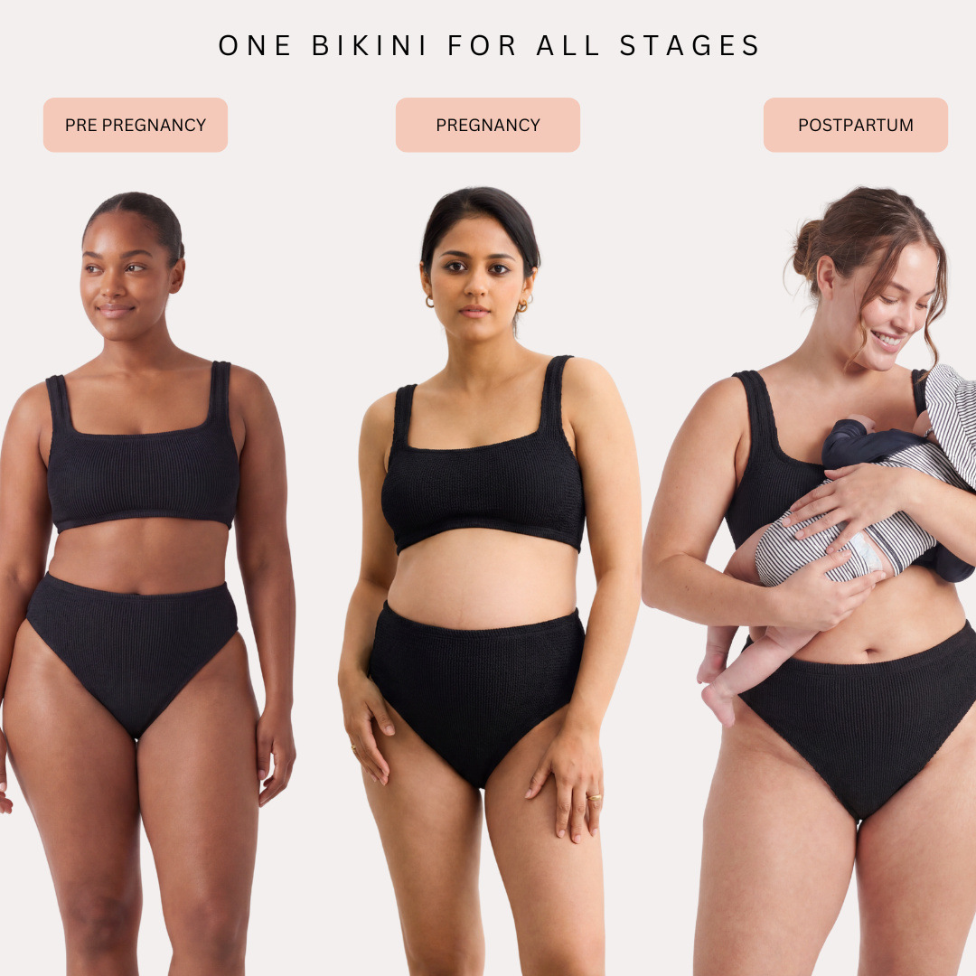 Three women shown pre-pregnancy, during pregnancy, and postpartum with her baby, all wearing the same crinkle bikini in the same size