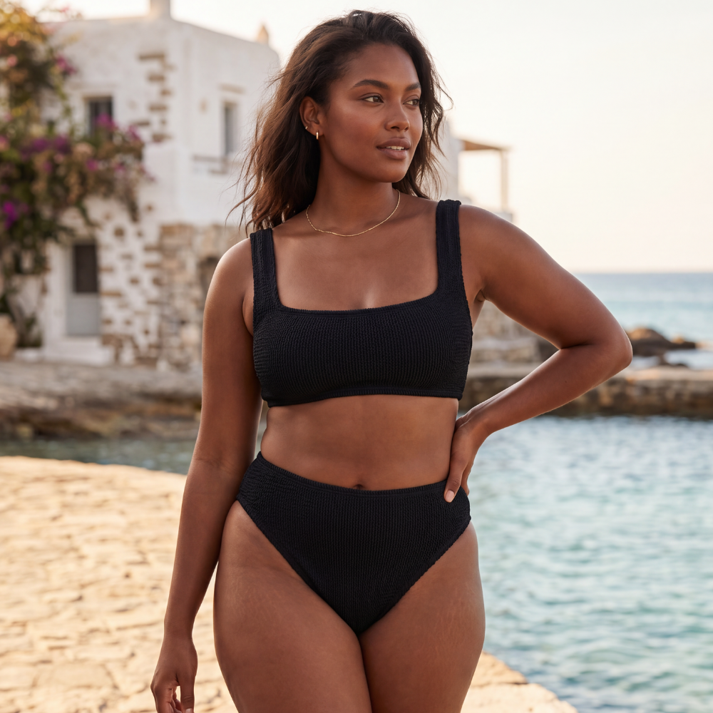 Plus size model wearing the Amalfi bikini with high waisted bottoms at the water&