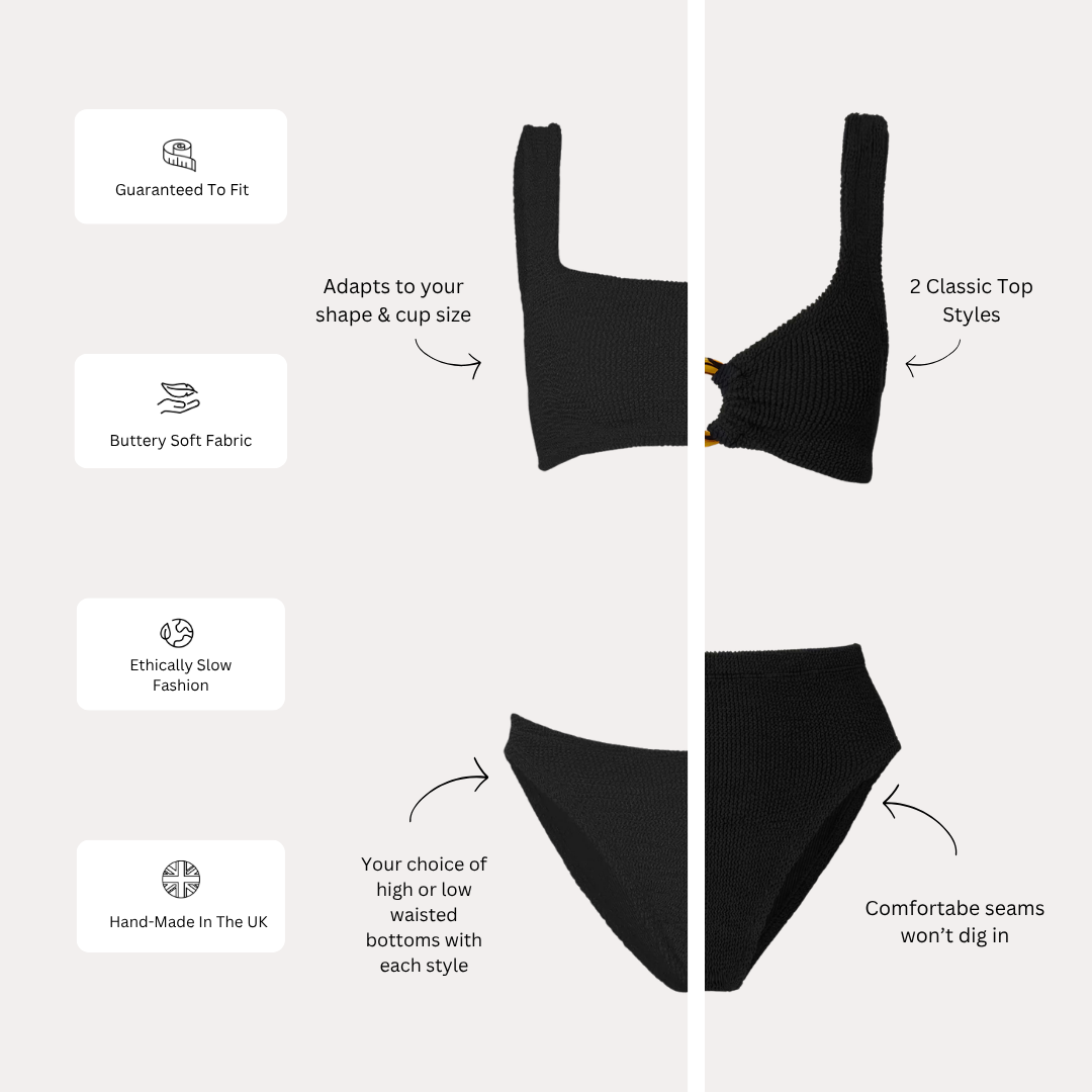 Diagram of the two crinkle bikini styles with callouts: adapts to your shape and cup size, two classic top styles, choice of high or low waisted bottoms with each style, and comfortable seams that won&