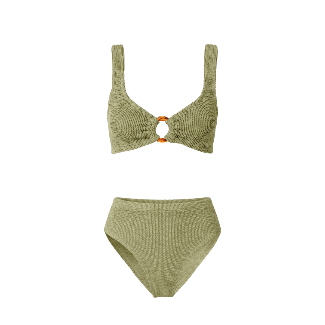 One Size Crinkle Bikini Set - Portofino Top with Tortoise Shell Hoop - High Waisted Bottoms - Maternity, Postpartum & Beyond