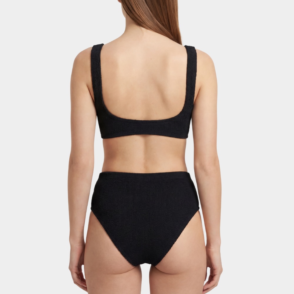Back view of the Portofino bikini with high waisted bottoms in midnight black
