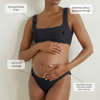 Pregnant Black model wearing the Amalfi bikini with low waisted bottoms, with callouts: nursing friendly straps, stretches without going see-through, full front coverage, and adjustable coverage that stays in place and won&