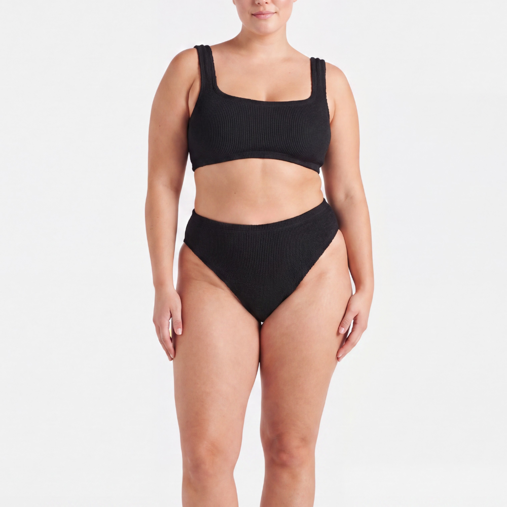 Front view of the Amalfi classic square top bikini with high waisted bottoms in midnight black