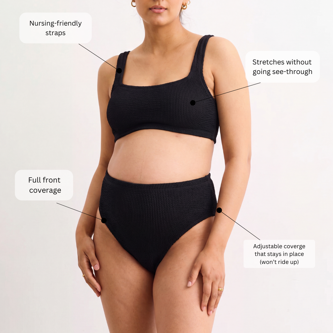 Pregnant Indian model wearing the Amalfi bikini with high waisted bottoms, with callouts: nursing friendly straps, stretches without going see-through, full front coverage, and adjustable coverage that won&