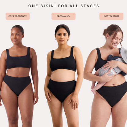 Three women shown pre-pregnancy, during pregnancy, and postpartum with her baby, all wearing the same crinkle bikini in the same size