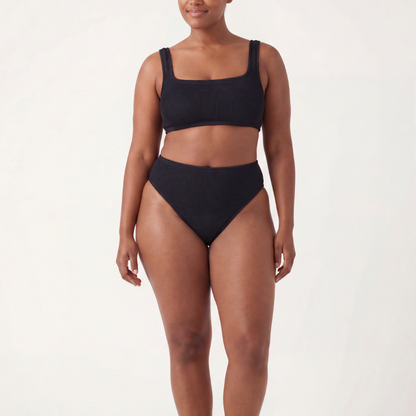 Front view of the Amalfi bikini with high waisted bottoms in midnight black