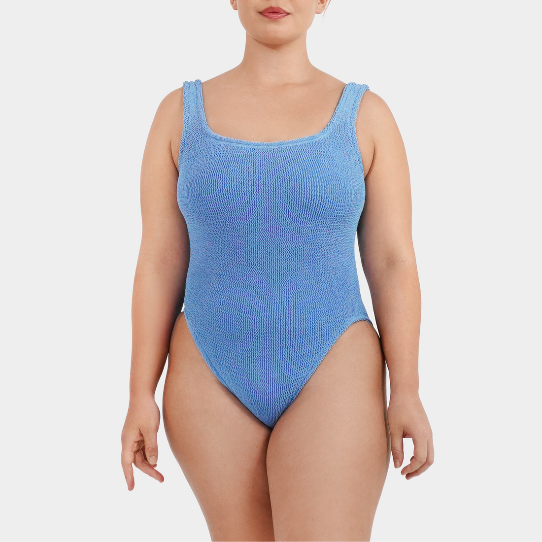 Front view of the one size crinkle swimsuit in cornflower blue