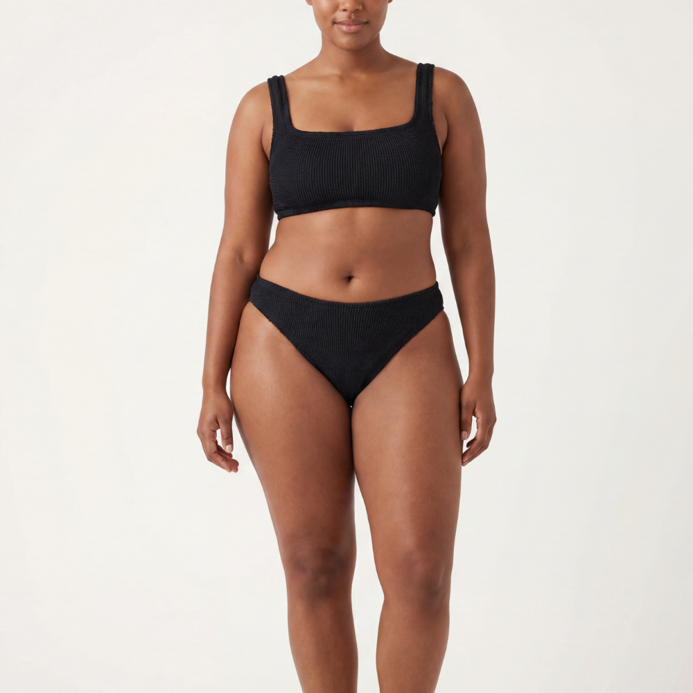 Front view of the Amalfi classic square top bikini with low waisted bottoms in midnight black