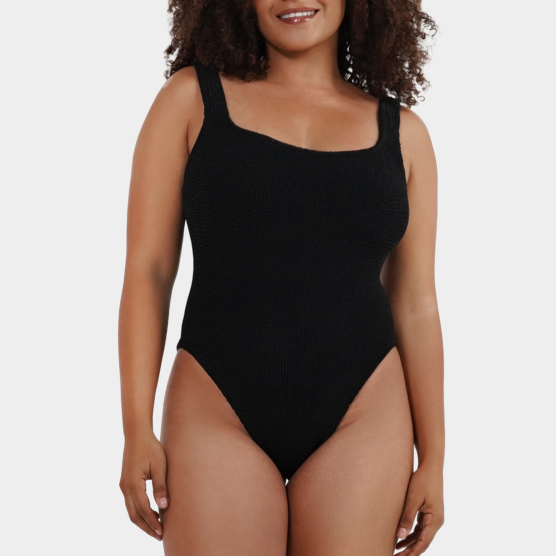 Front view of the one size crinkle swimsuit in midnight black