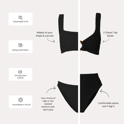 Diagram of the two crinkle bikini styles with callouts: adapts to your shape and cup size, two classic top styles, choice of high or low waisted bottoms with each style, and comfortable seams that won&