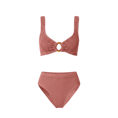 One Size Crinkle Bikini Set - Portofino Top with Tortoise Shell Hoop - High Waisted Bottoms - Maternity, Postpartum &amp; Beyond