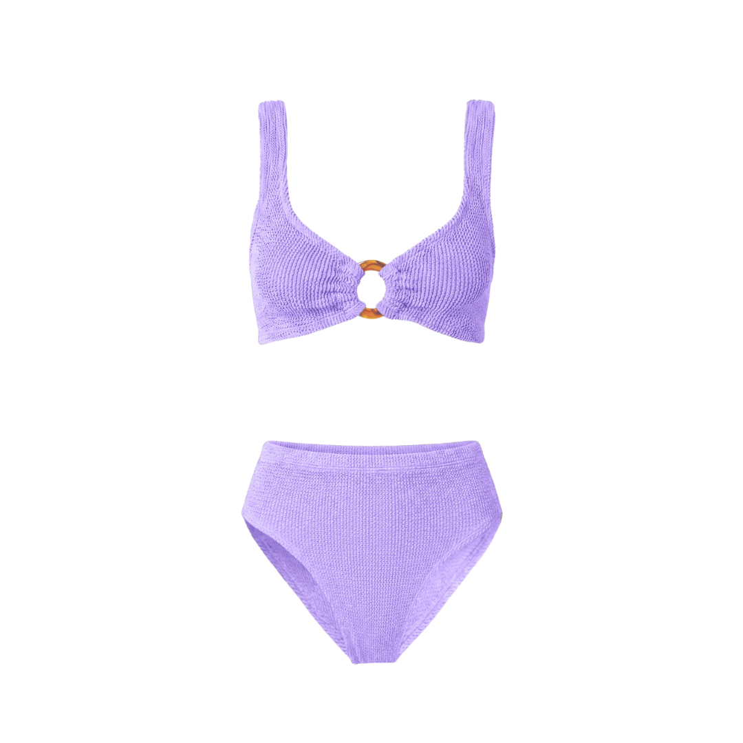 One Size Crinkle Bikini Set - Portofino Top with Tortoise Shell Hoop - High Waisted Bottoms - Maternity, Postpartum &amp; Beyond