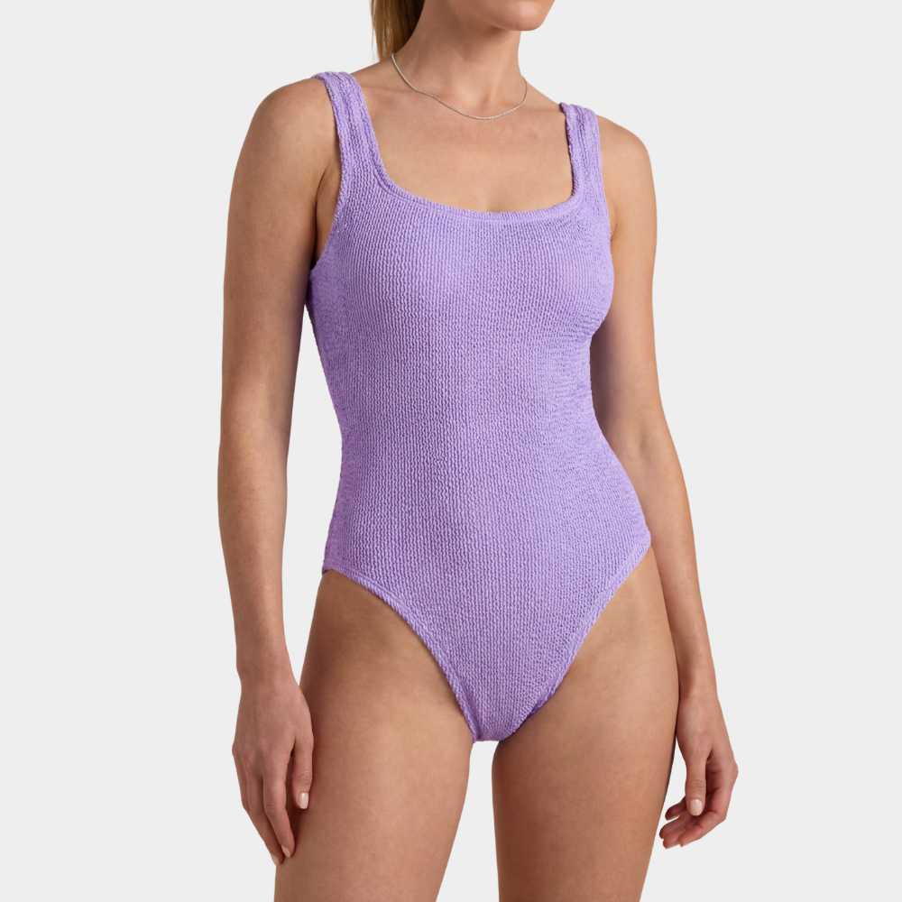 Front view of the one size crinkle swimsuit in lavender haze