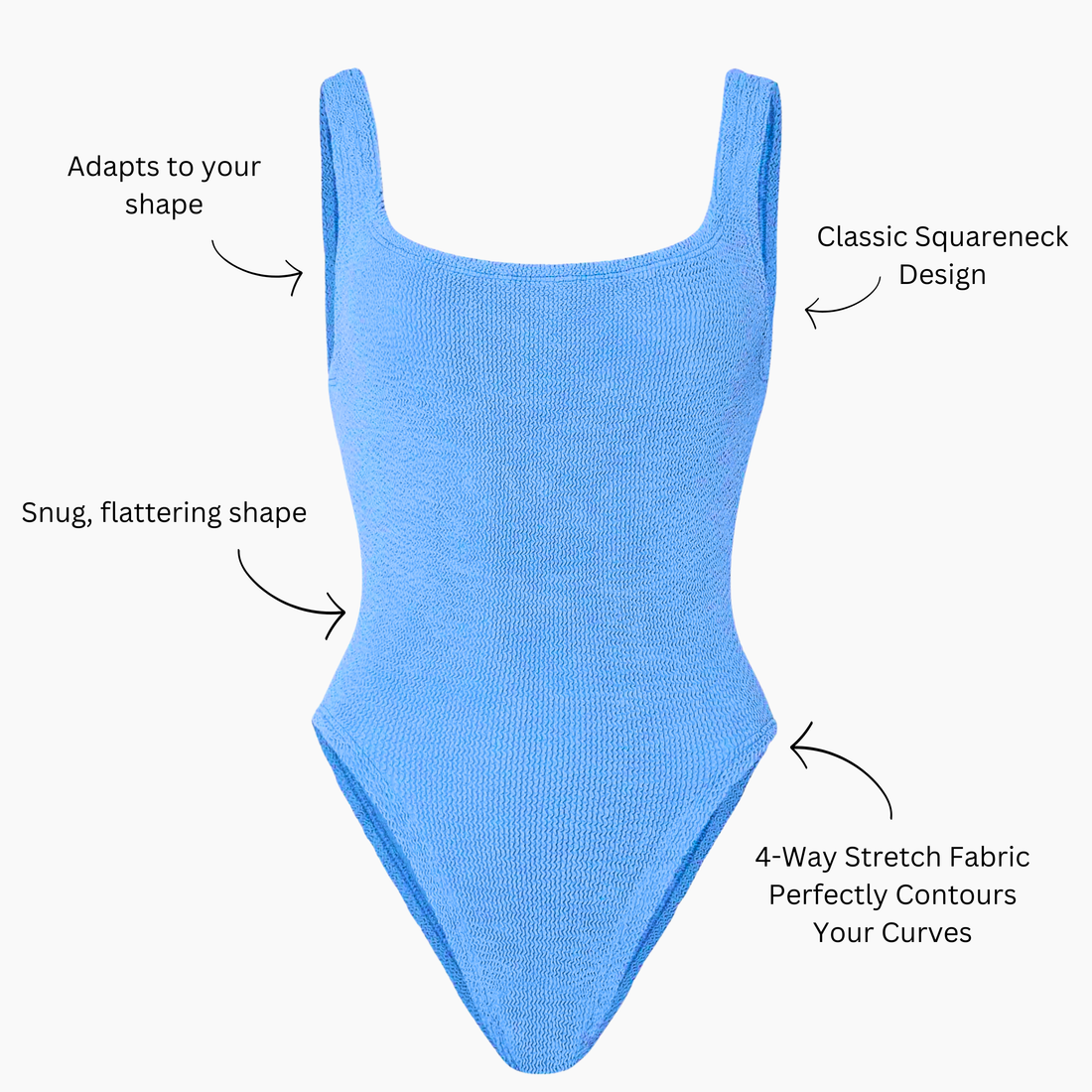 Silhouette of the cornflower blue crinkle swimsuit with callouts: adapts to your shape, classic squareneck design, snug fitting shape, and four way stretch fabric that contours your curves