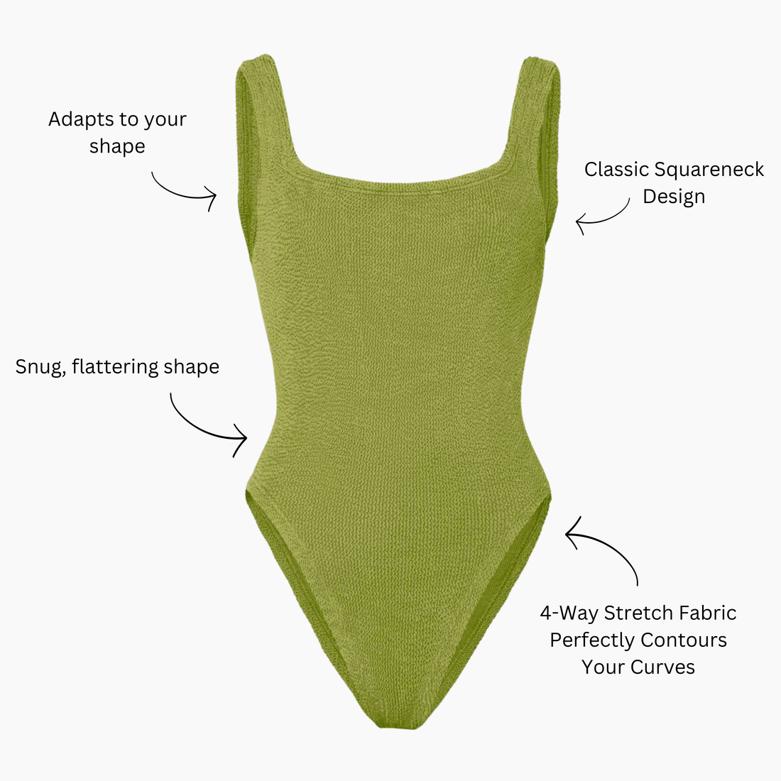 Silhouette of the golden sage crinkle swimsuit with callouts: adapts to your shape, classic squareneck design, snug fitting shape, and four way stretch fabric that contours your curves