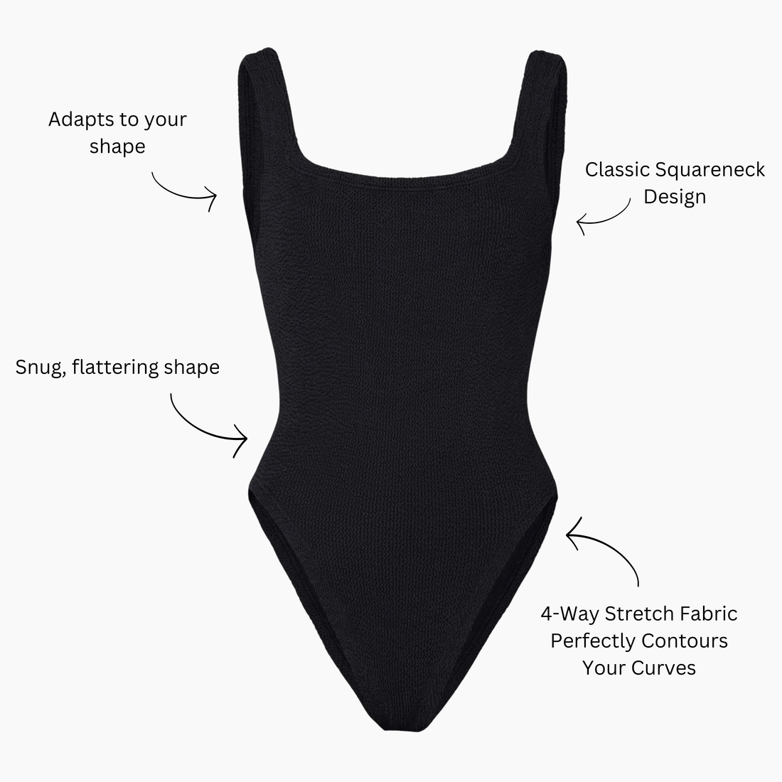 Silhouette of the midnight black crinkle swimsuit with callouts: adapts to your shape, classic squareneck design, snug fitting shape, and four way stretch fabric that contours your curves
