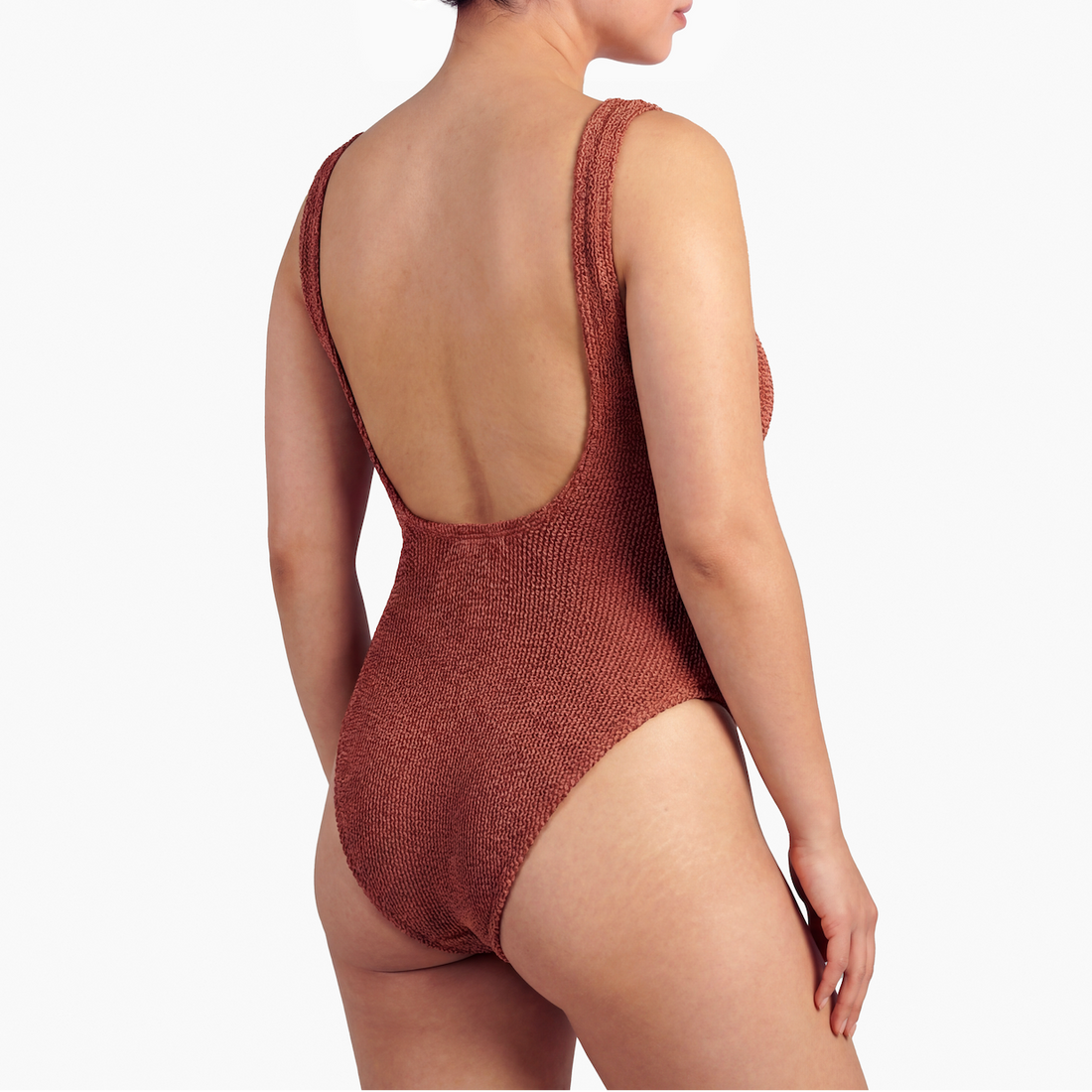 Back view of the one size crinkle swimsuit in metallic cinnamon