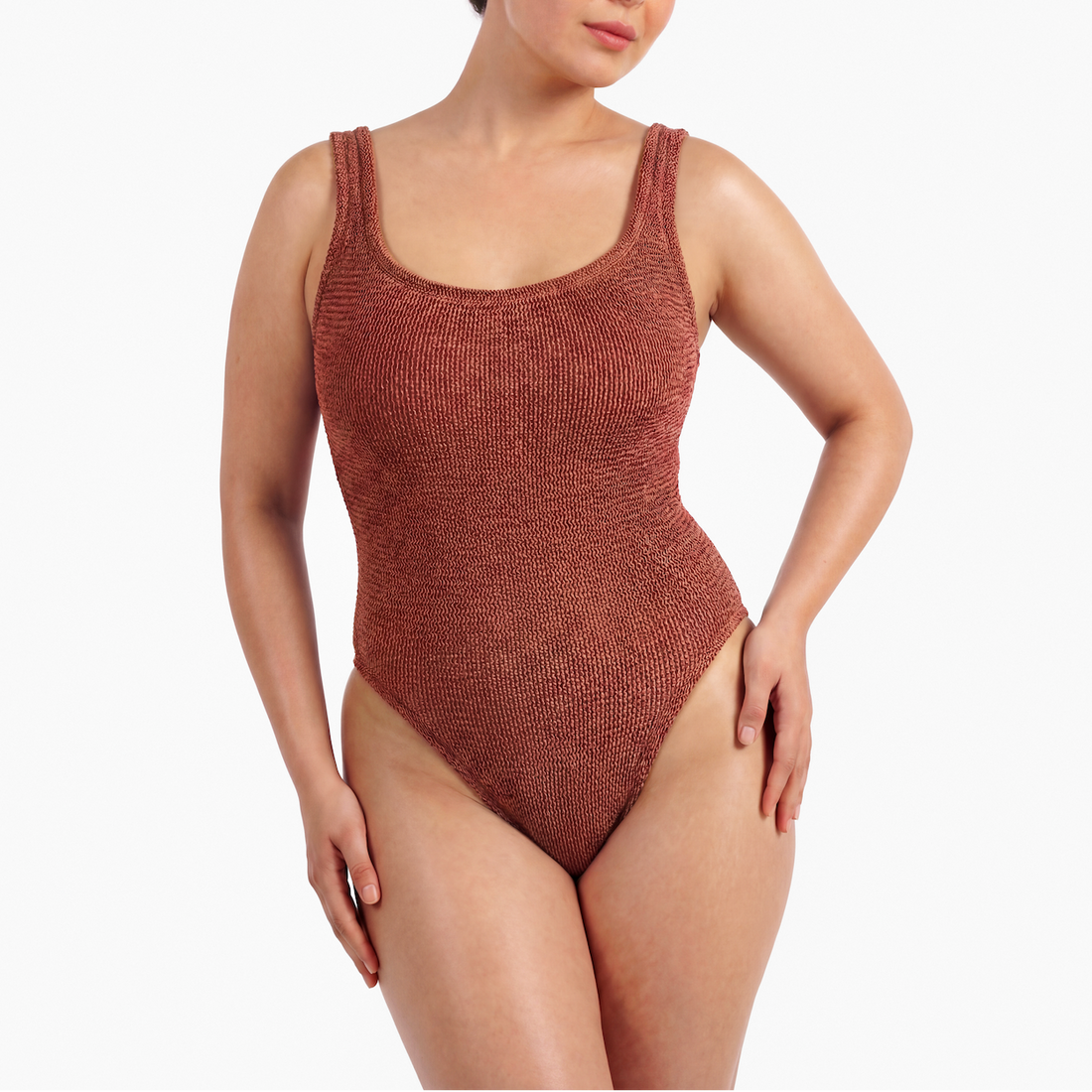 Front view of the one size crinkle swimsuit in metallic cinnamon